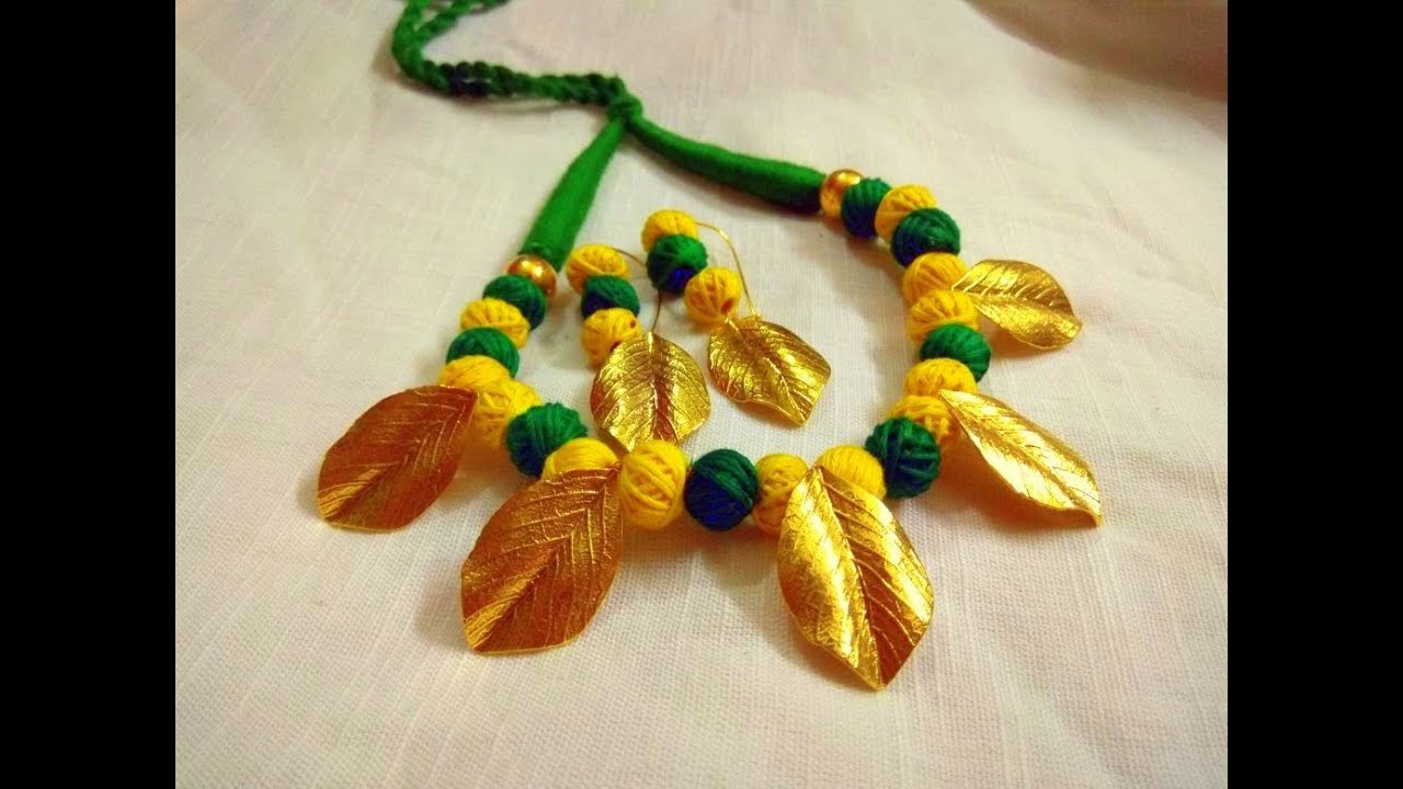 Oxidized Necklace w/ matching Earrings | Golden leaf and green beads