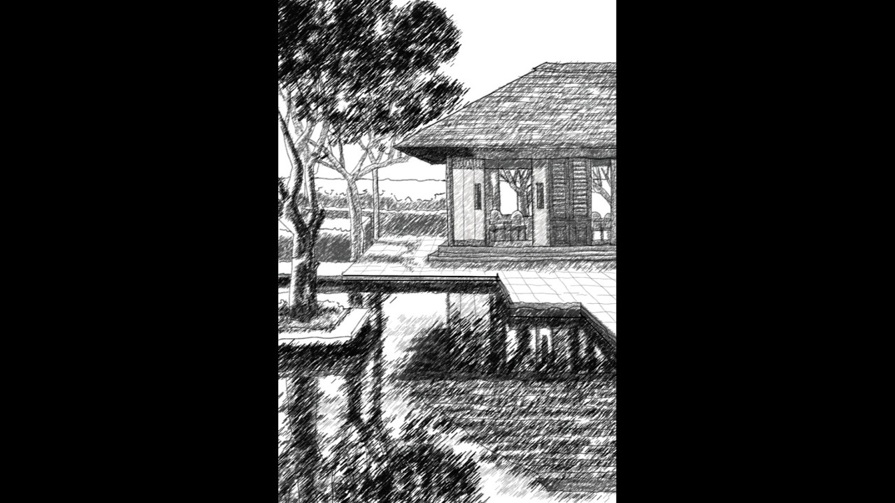 Drawing a house and reflection in water, step by step.2/2