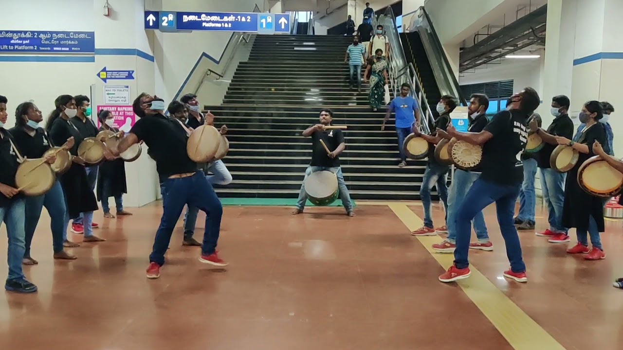 Nimirvu kalaiyagam parai performance at Guindy Metro station - Election awareness