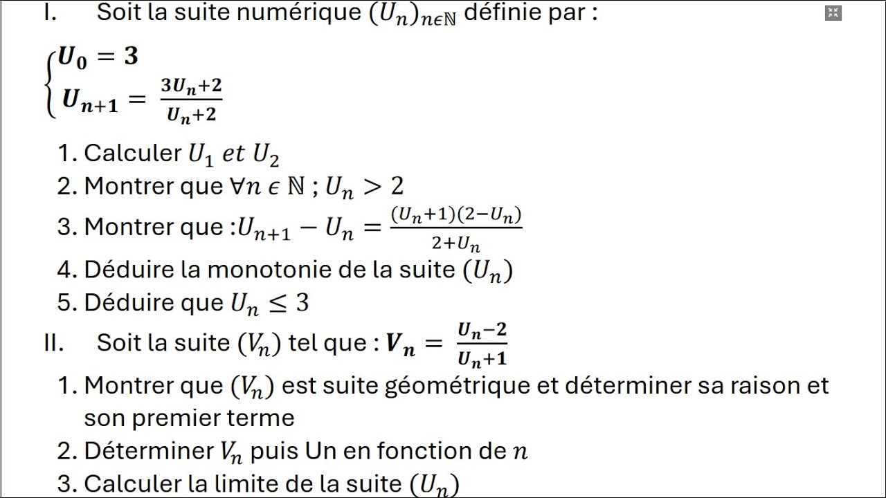 Les suites numériques - Exercice très important - 2Bac & 1Bac