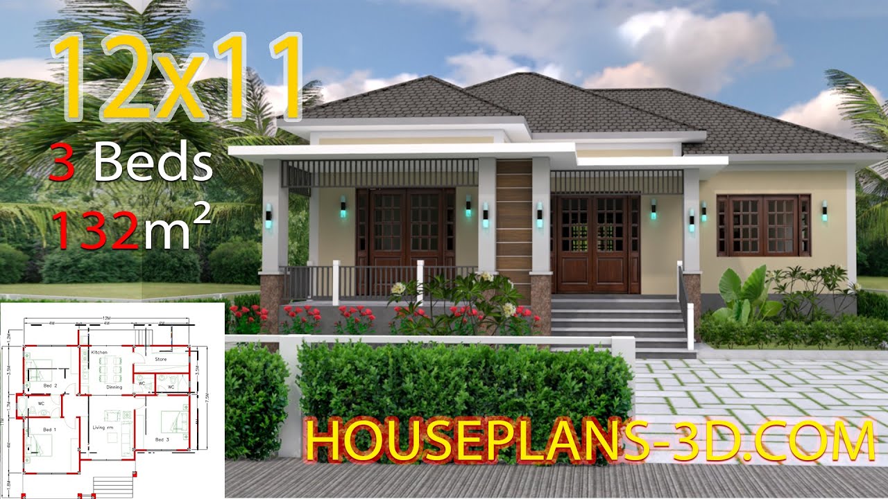 Interior Design Plan 12x11m with Full Plan 3Beds
