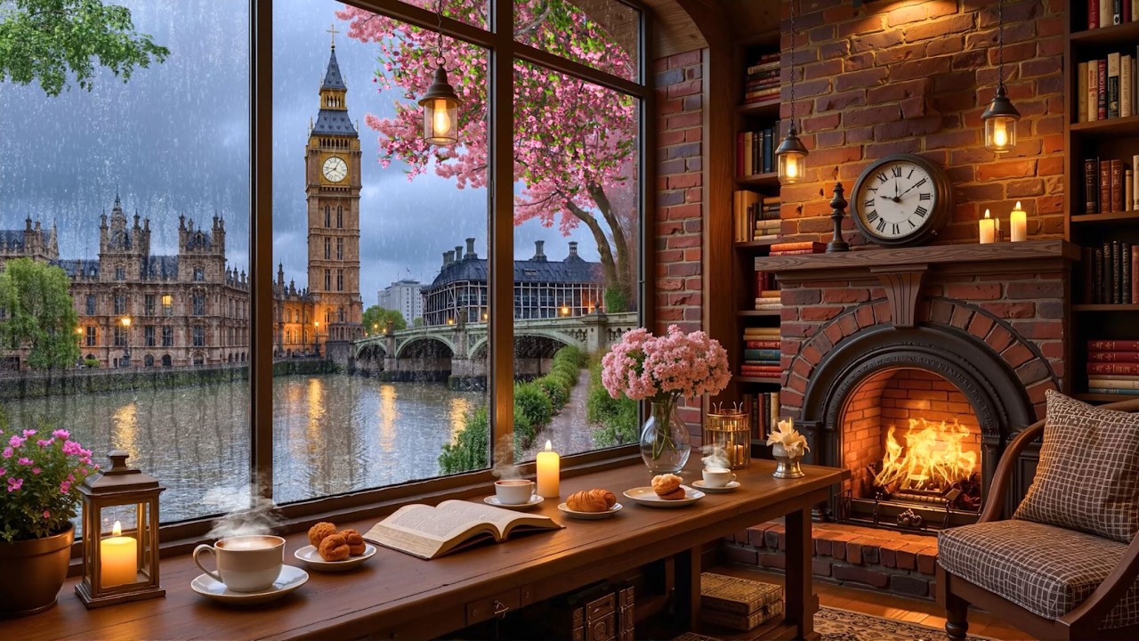 Soft Rain Coffee Shop in London ☕ Smooth Jazz Piano & Cozy Fireplace Sounds for Work & Focus