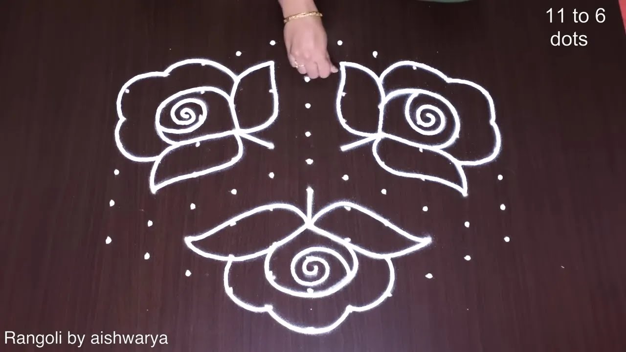 గులాబీ పువ్వు ముగ్గులు: 11x6 Dots Easy Rose Rangoli Kolam | Simple Rangoli Designs