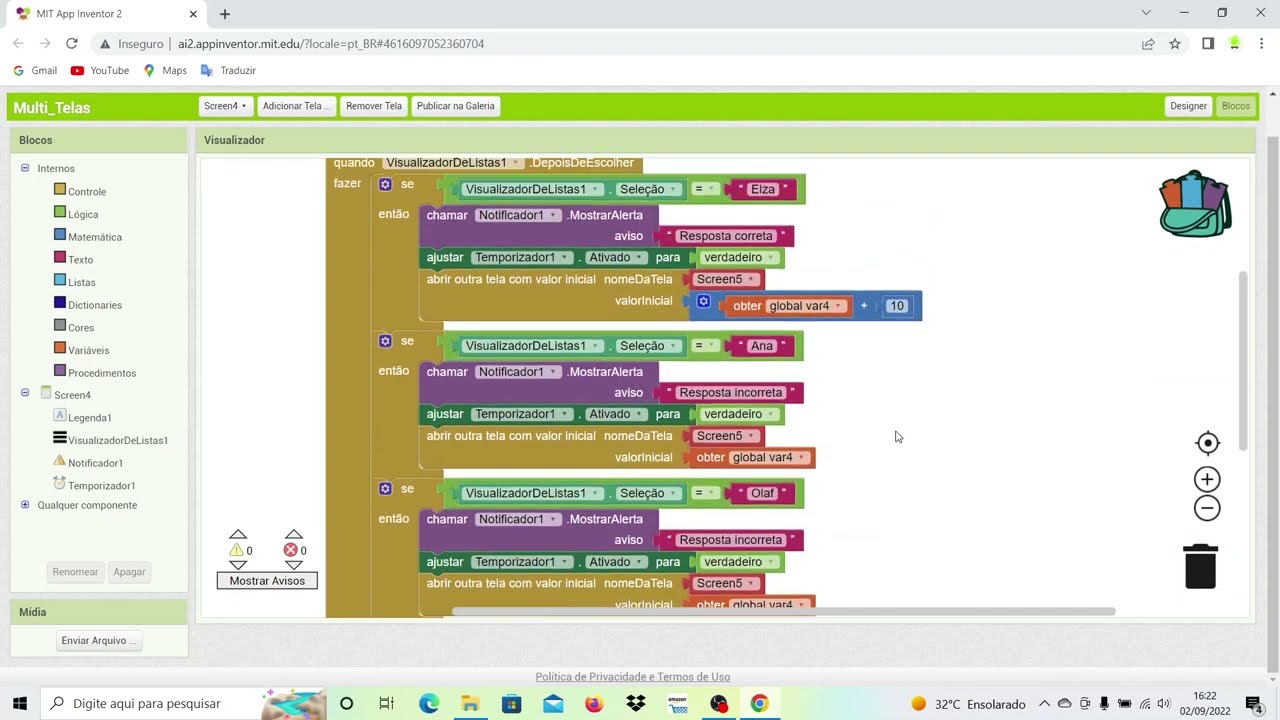 App com múltiplas telas, Visualizador de Listas, Lista Suspensa, Temporizador e Notificador