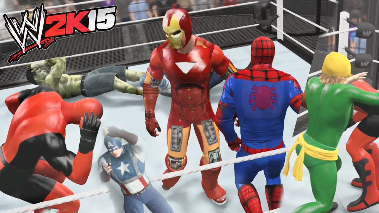 WWE 2K15 - Spiderman vs Deadpool vs Hulk vs Captain America vs Iron Man vs Iron Fist - MARVEL