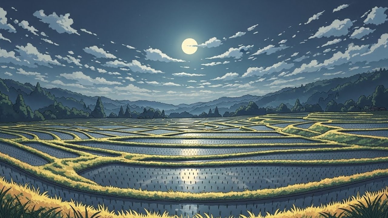 Softly Glowing Chill Lofi Ambience Floating Above Rice Fields Wrapped In Soothing Night Air