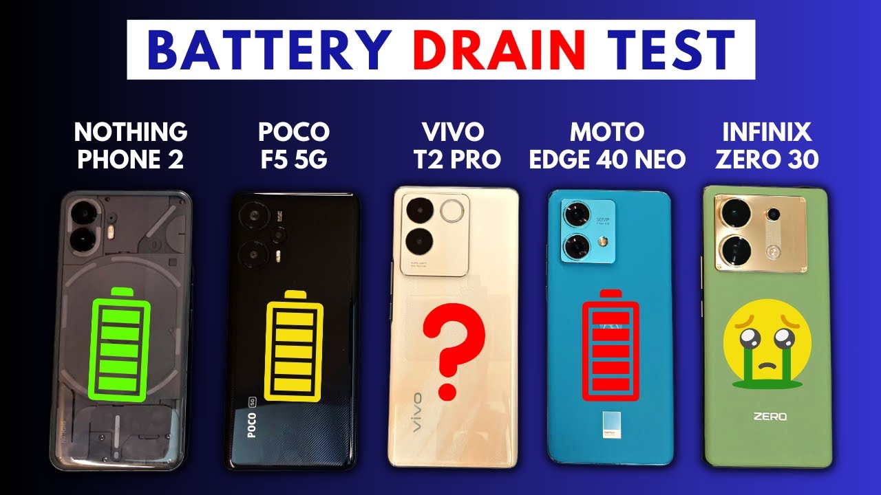 Nothing Phone 2 vs POCO F5 vs VIVO T2 Pro vs Moto Edge 40 Neo vs Infinix Zero30 - Battery Drain Test