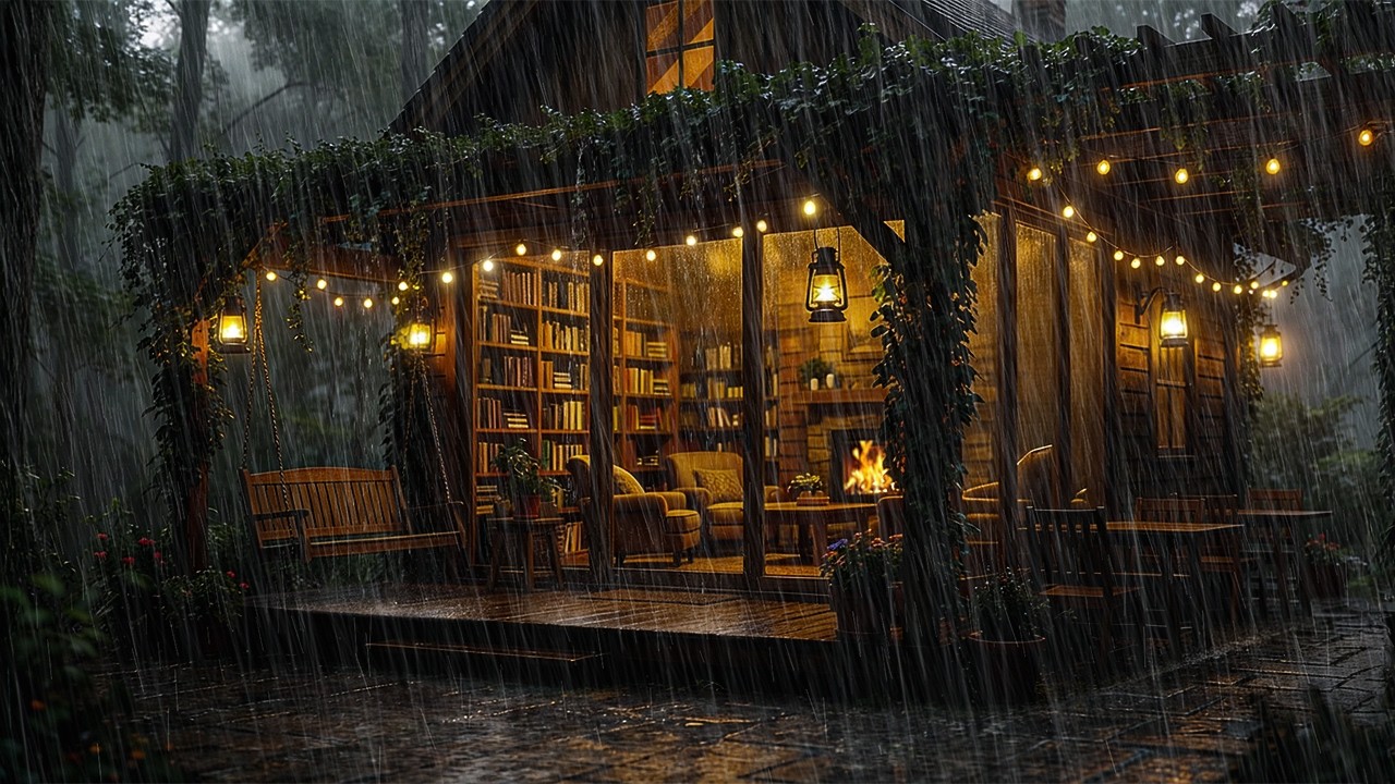 Rainstorm at a Cozy Reading Cabin | Fireplace & Golden Lights Ambience