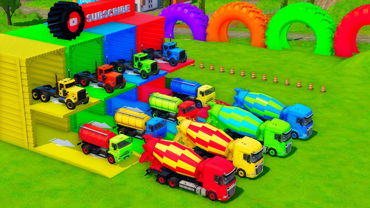 Garage with Colors - ALL MIXER TRUCKS WITH DOUBLE FLATBED TRAILER TRUCK, IVECO, SCANIA, CLAAS - FS22