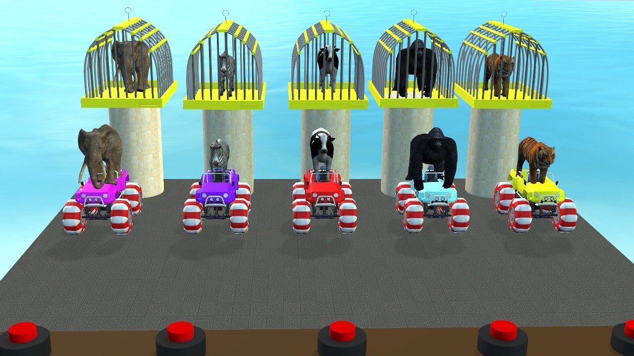 Long Slide Game With Elephant Gorilla Buffalo Hippopotamus Tiger - 3d Animal Game - Leader 3dAnimals