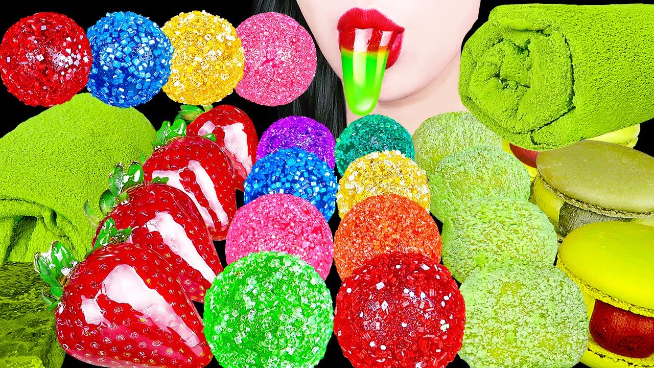ASMR RAINBOW KOHAKUTO 무지개 코하쿠토, 수박젤리, 딸기 탕후루, 녹차 수건먹방 WATERMELON JELLY EDIBLE TOWEL TANGHULU MUKBANG