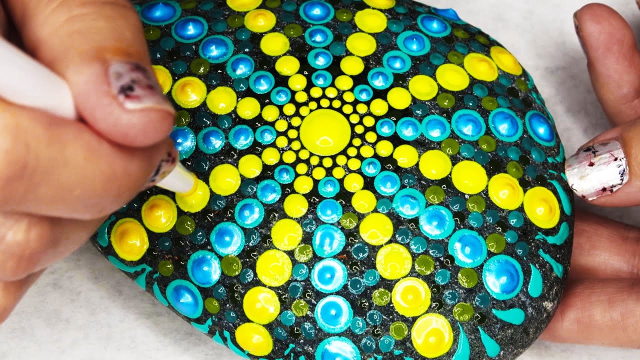 Time Lapse Mandala Rock Painting in Blue and Yellow dots pattern for Beginners with music