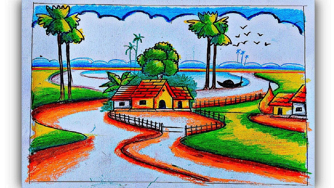 How to make village scenery drawing/Oil pastel scenery drawing easy 