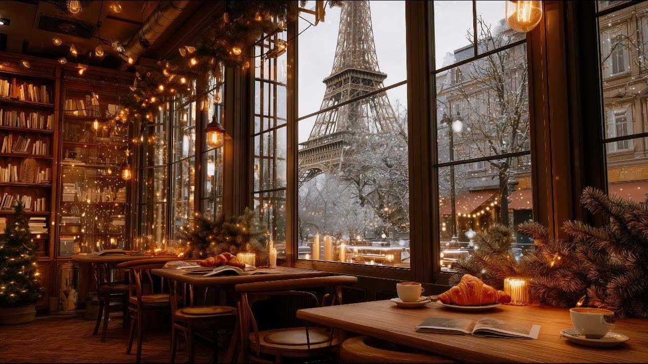 Cozy Winter Paris Coffee Shop Ambience ☕️ Jazz Piano Music & Fireplace Sounds for Study, Work, Relax