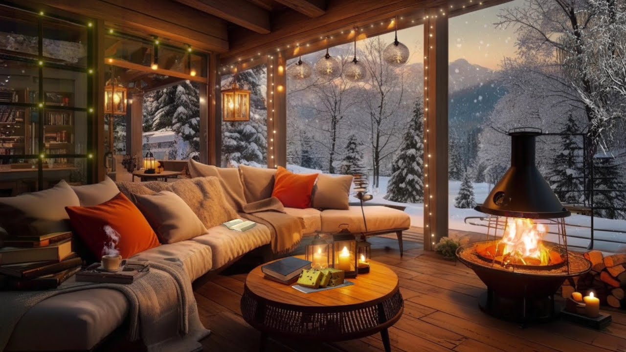 Cozy winter porch ambience ❄️ | snowfall, fire crackling sounds for relaxation