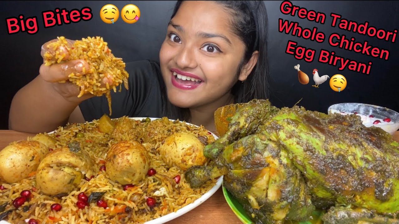 GREEN TANDOORI WHOLE CHICKEN 🐓 WITH EGG BIRYANI, RAITA | BIG BITES MUKBANG | FOOD EATING VIDEOS