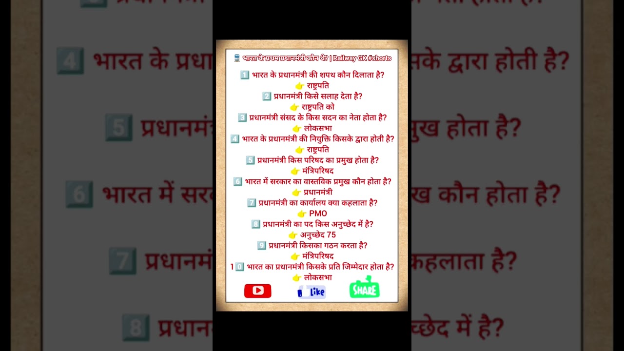 🇮🇳 भारत के प्रधानमंत्री से  जुड़े सवाल | Railway SSC Exam GK| Most Important Question #shorts #viral