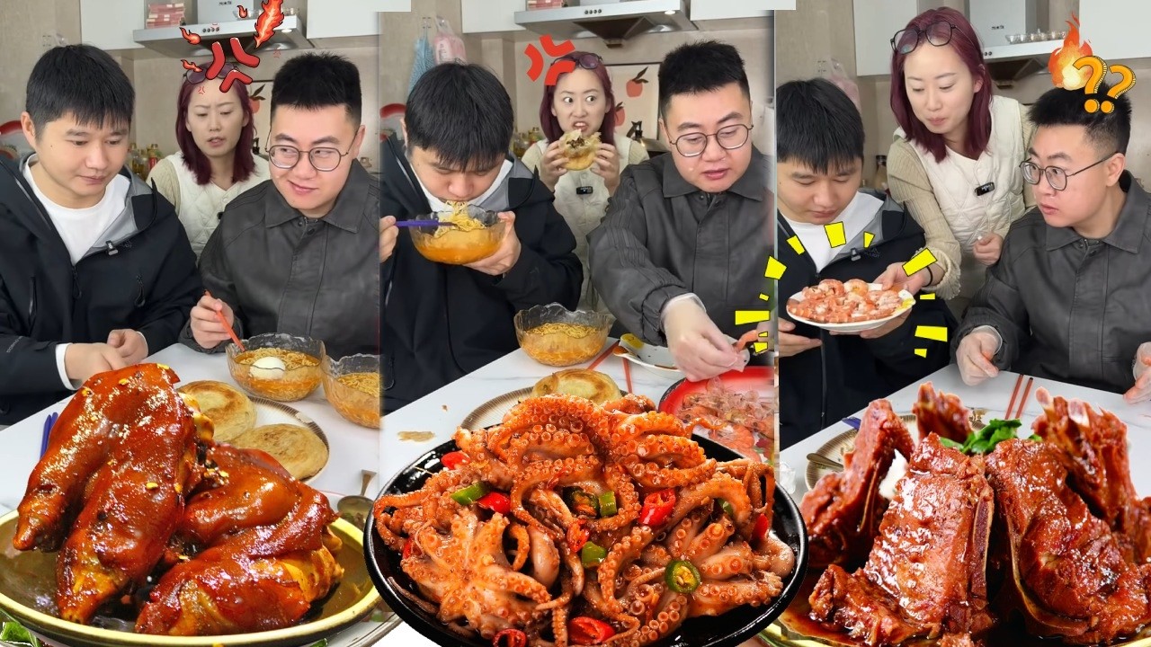 蠢哥哥一上桌就霸占了所有的食物，妈妈拿出清蒸虾让哥哥让出所有食物，最后哥哥剥出所有虾肉又被弟弟抢了去，发现被套路了后悔不已