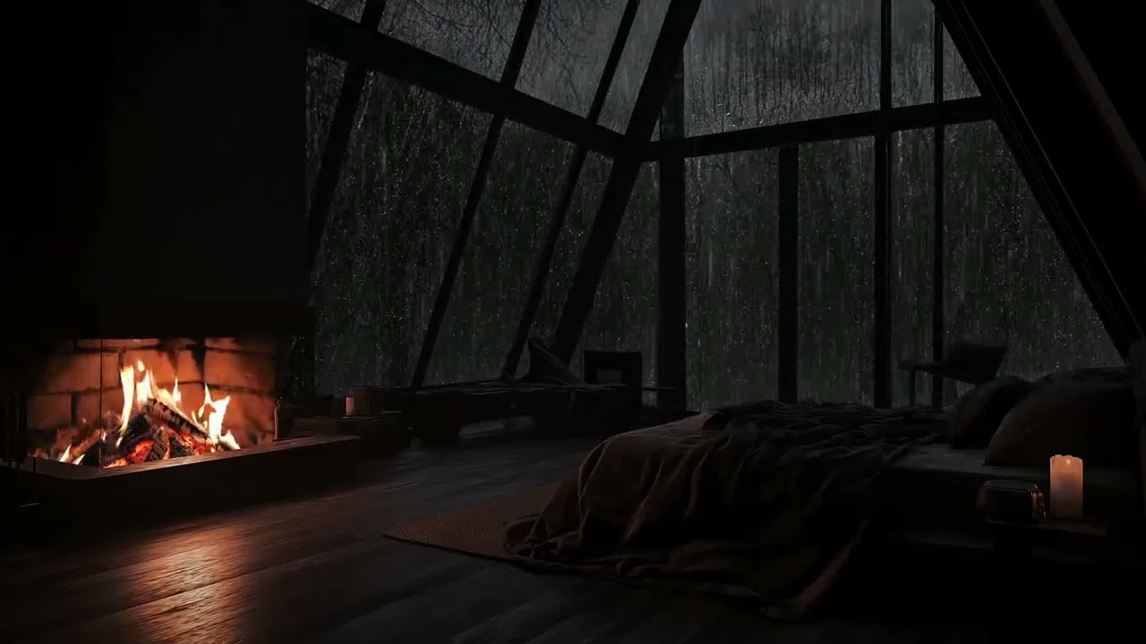 Wrapped in silence as rain falls gently around a quiet forest cabin at night