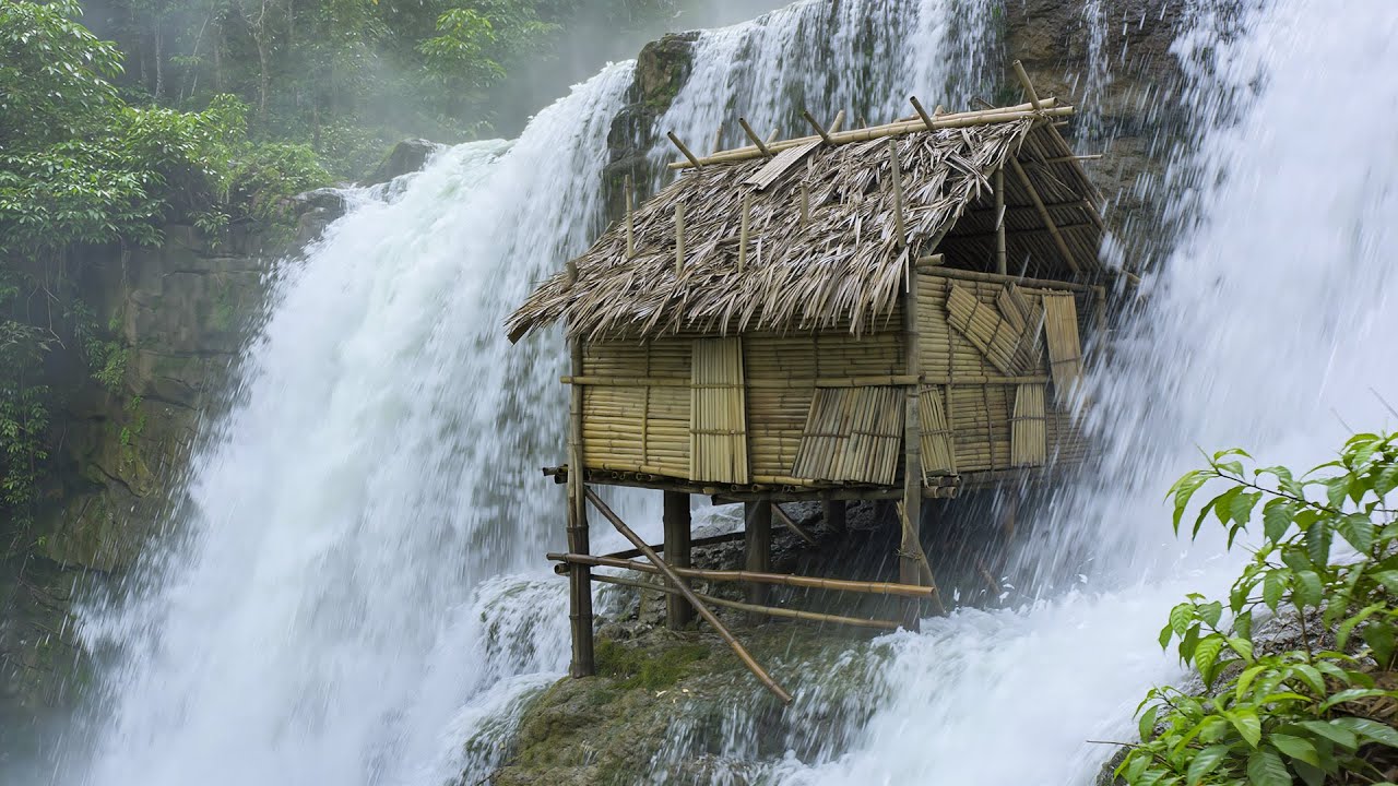 30-Day Challenge: Building a Shelter House beside a Giant Waterfall and Surviving Alone, bushcraft