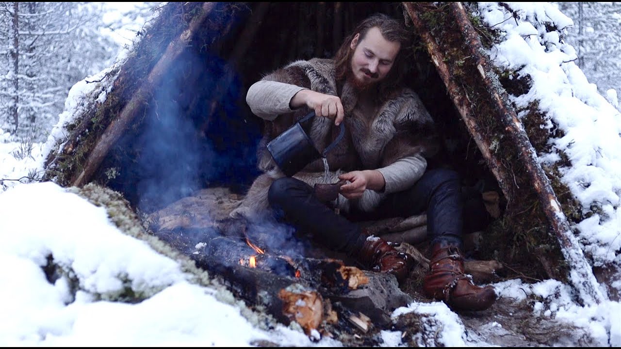 Bushcraft trip - snow, tipi, pine tea, wilderness, reindeer skins, cooking meat etc.