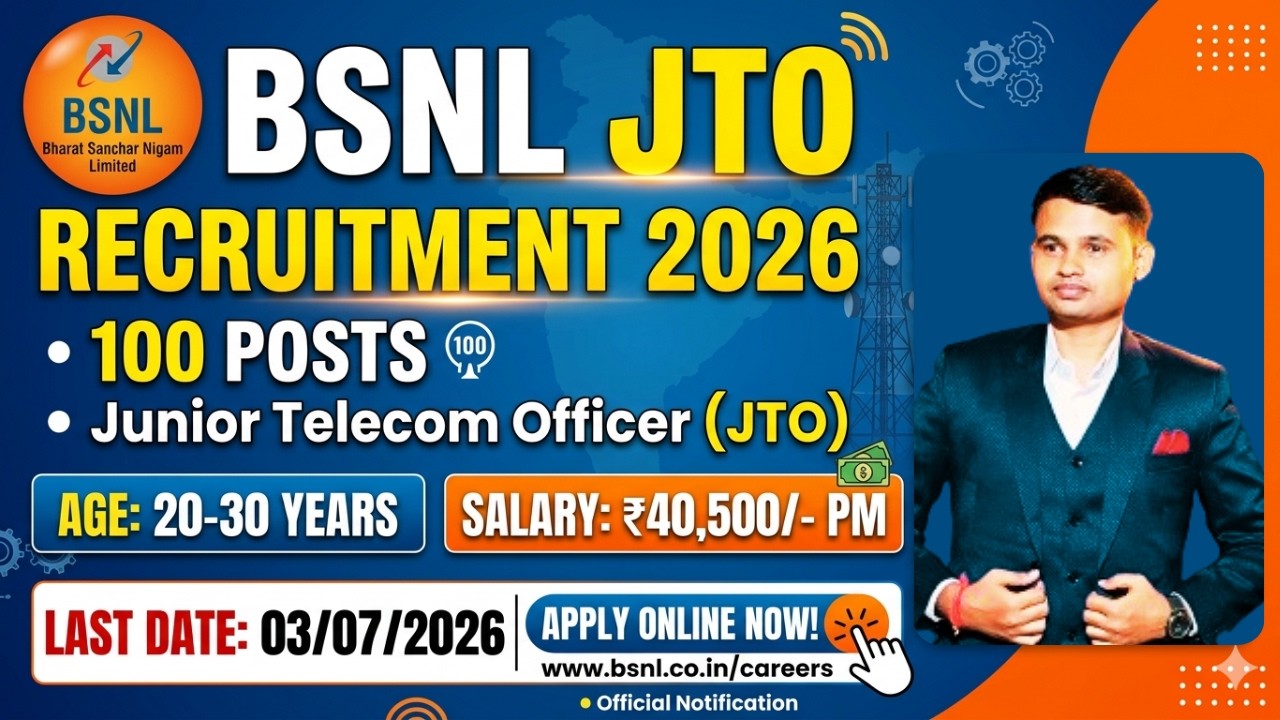 BSNL JTO Recruitment 2026 Out! 🚀 Apply Online for 100 Junior Telecom Officer Posts | Salary ₹40,500