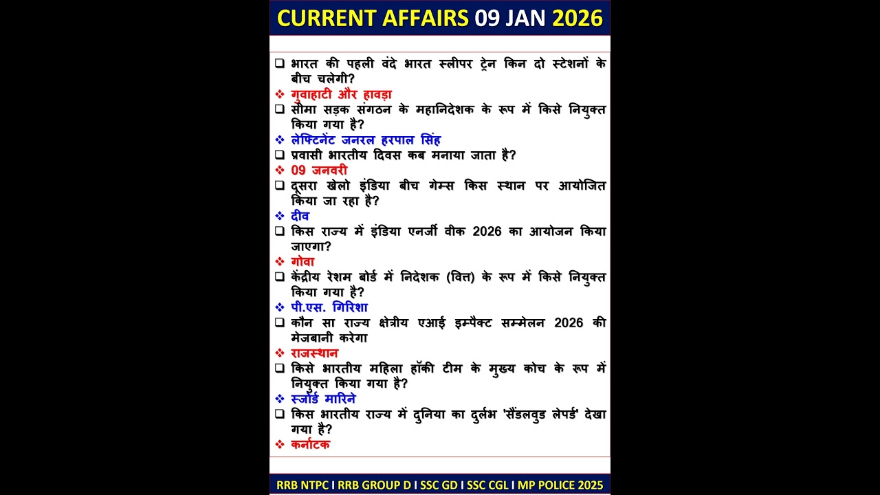 09 JANUARY CURRENT AFFAIRS TODAY CURRENT AFFAIR 2026 NTPC GROUP D 2025 GK 