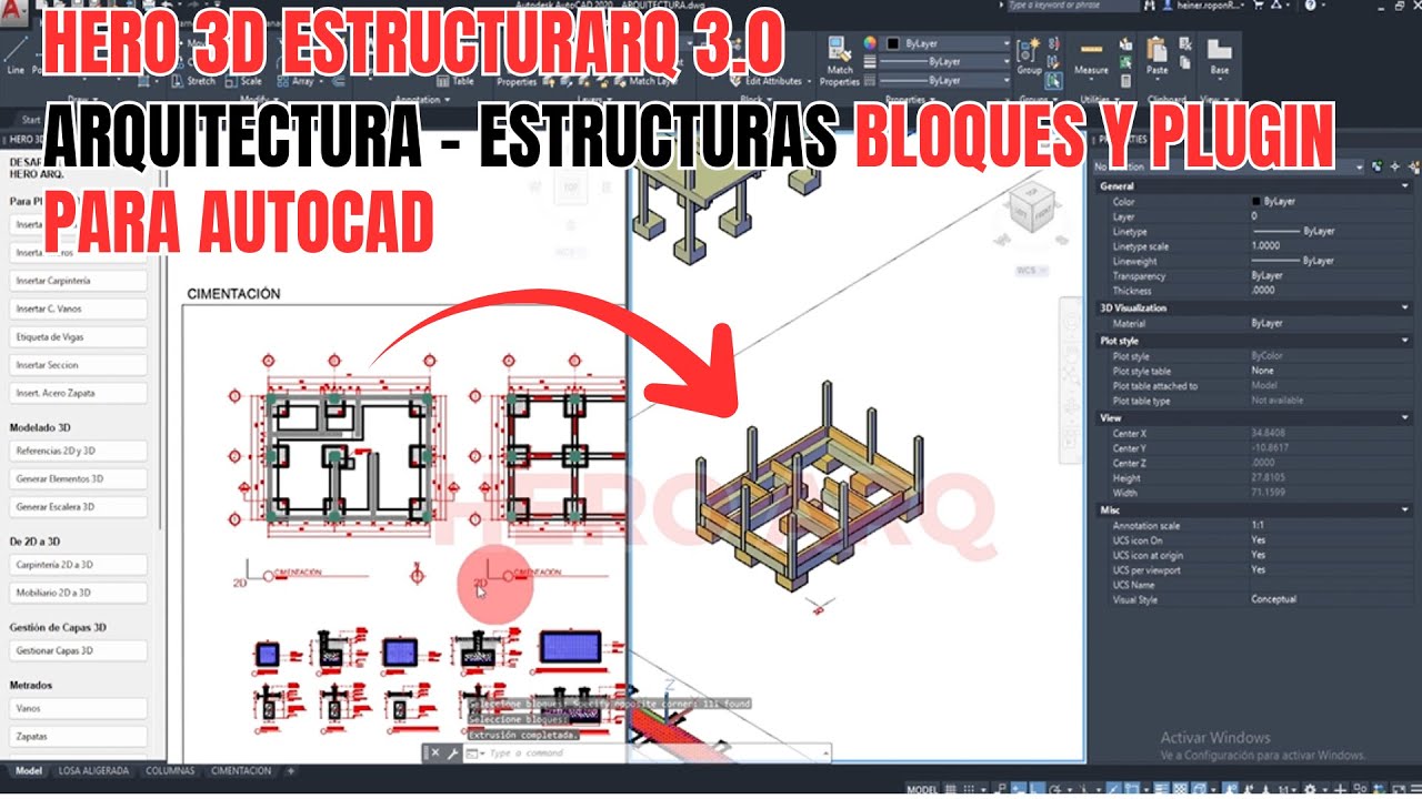 HERO 3D ESTRUCTURARQ 3.0 - ARQUITECTURA Y ESTRUCTURA DE 2D A 3D CON BLOQUES DINAMICOS | PLUGIN