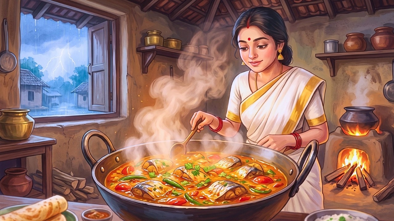 1990s Indian Village Life in the Rain 🌾 | Making Fish Curry & Crispy Dosa | Cozy Ghibli ASMR