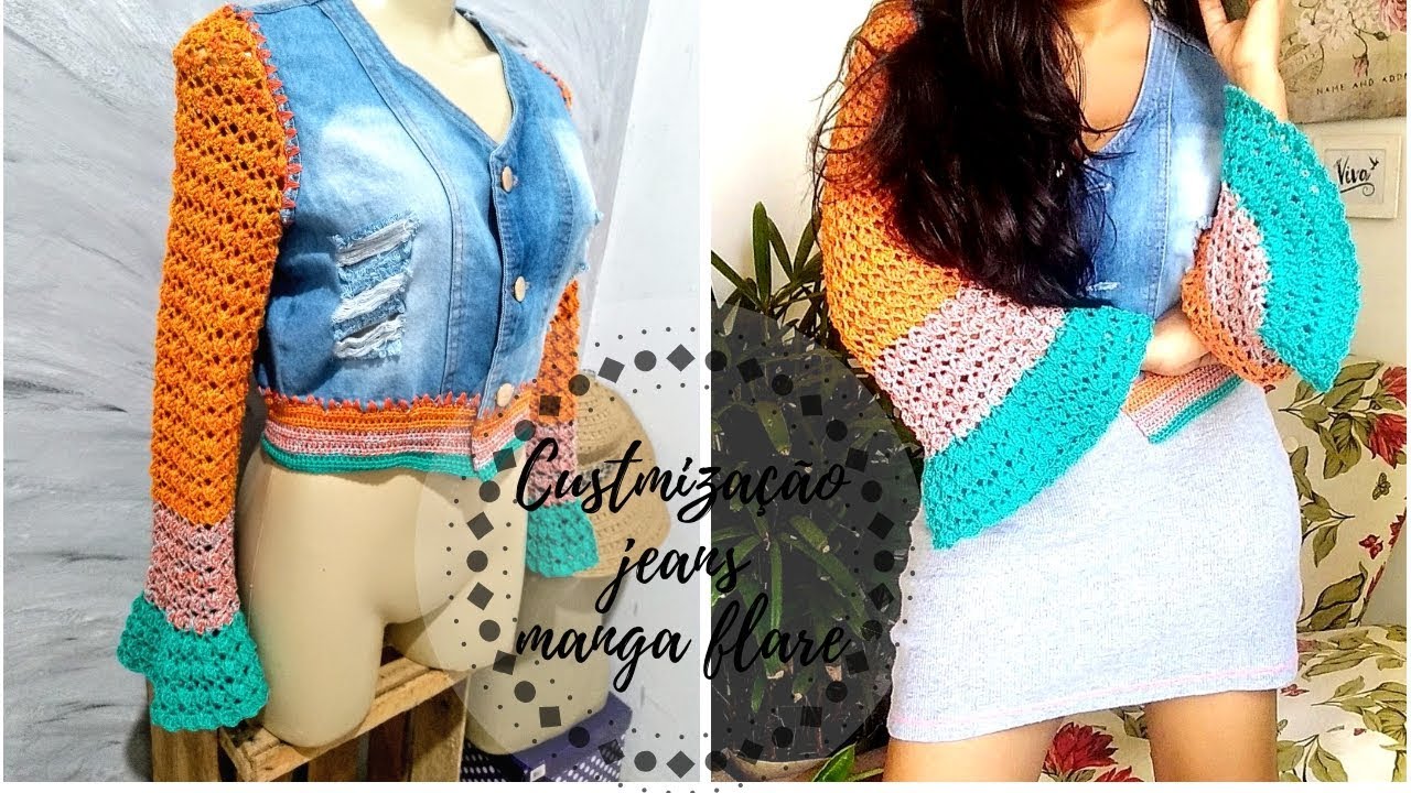 manga flare em crochê - Customização colete jeans