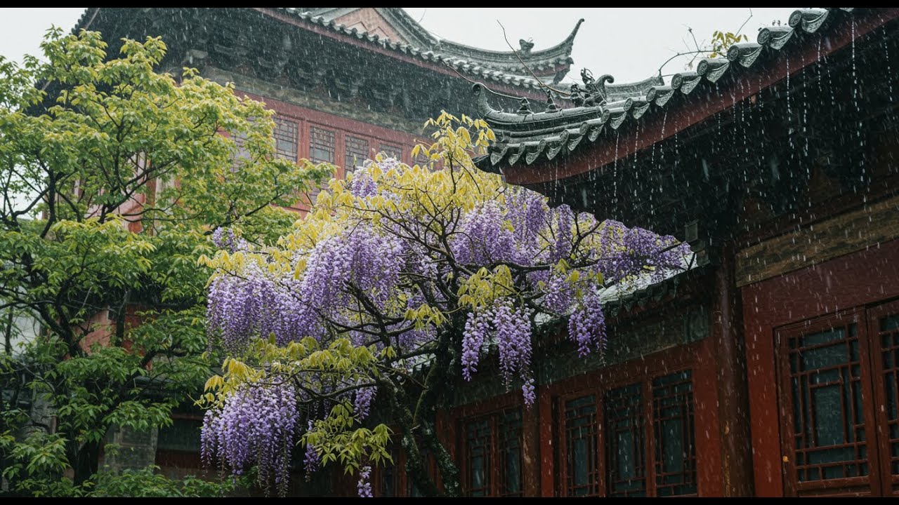 Chinese Temple Rain Sounds | Relaxing Rain Ambience with Ancient Architecture and Wisteria Blossoms
