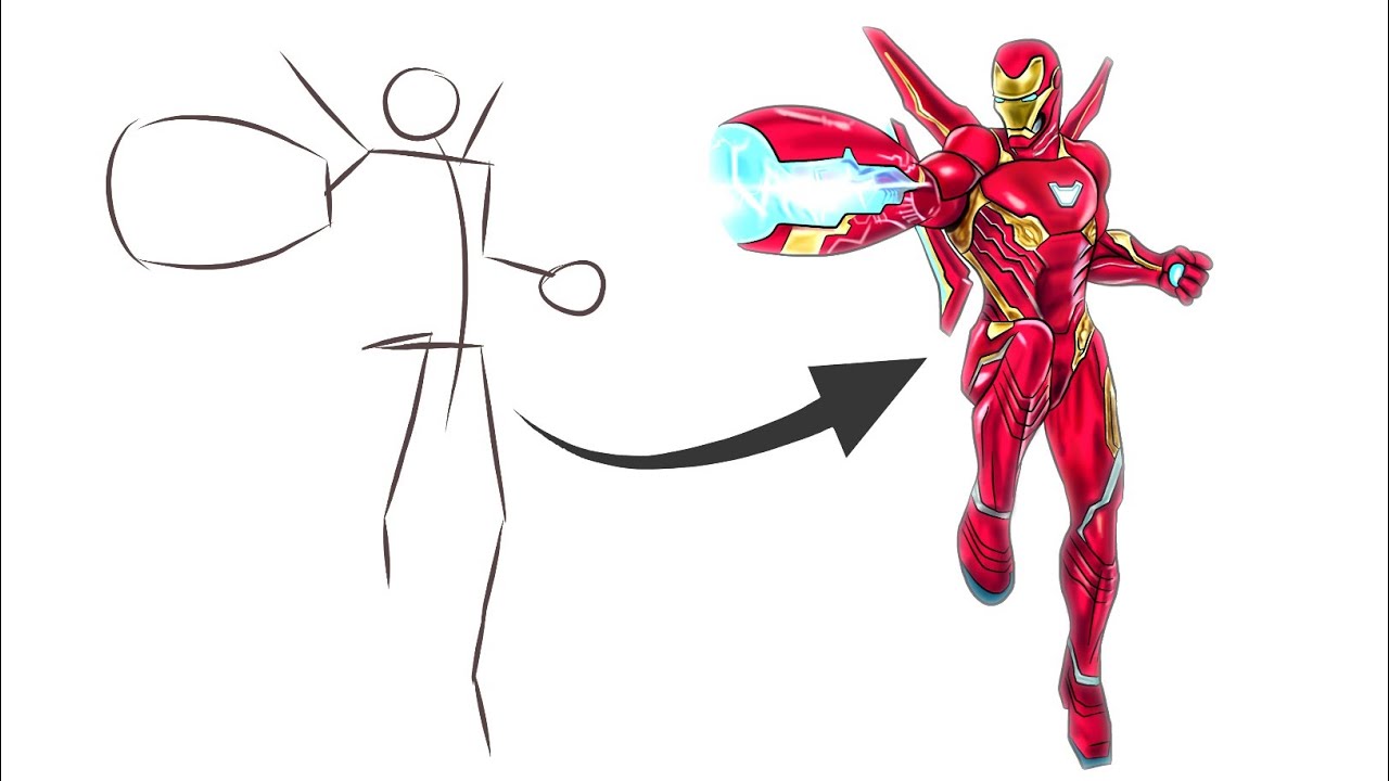 How To Draw Iron Man From a Stickman | Easy Step by Step (Full Body)