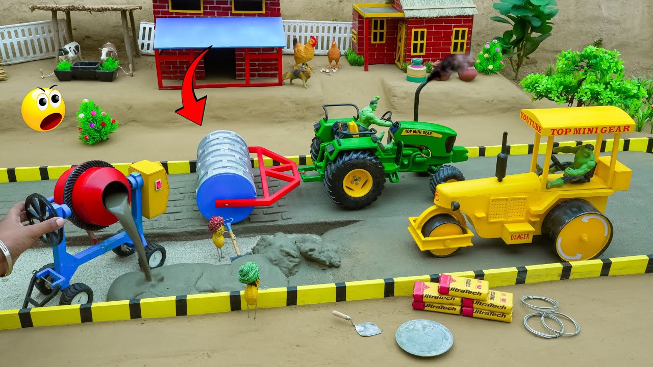 DIY Mini Tractor Bulldozer & Road Roller for New Concrete Road Making| using rc truck | @topminigear