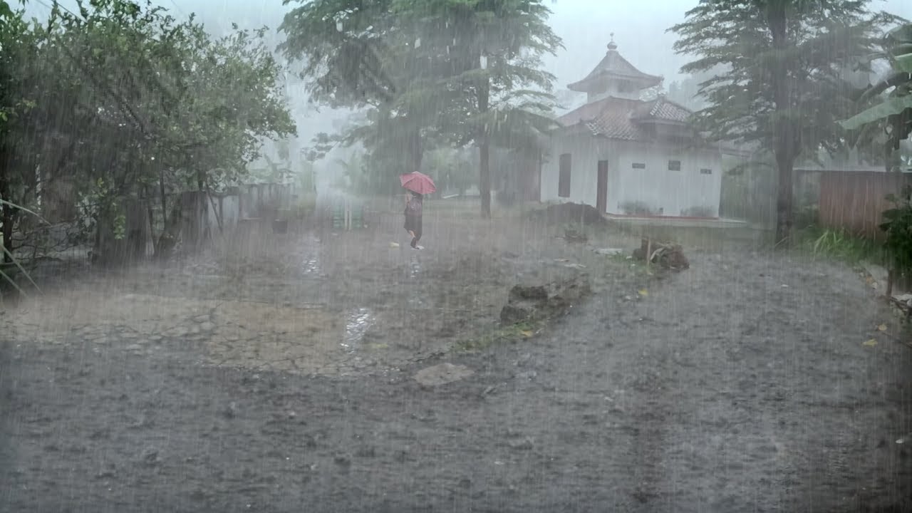 Extreme Rain Walk in Peaceful Village with Fierce Wind and Loud Thunder Night ASMR 4K Video 295