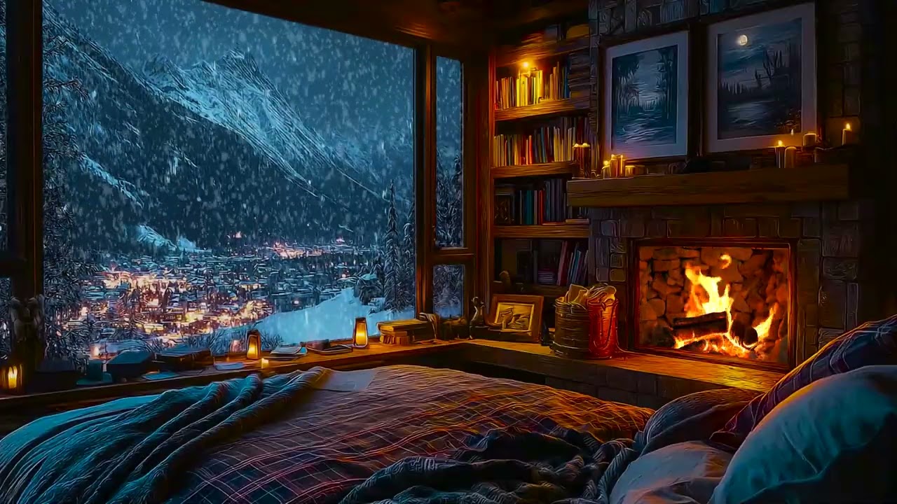 Comforting Winter Cabin Snow Night with Fireplace Warmth and Calm Snowfall for Sleep, Calm and Focus