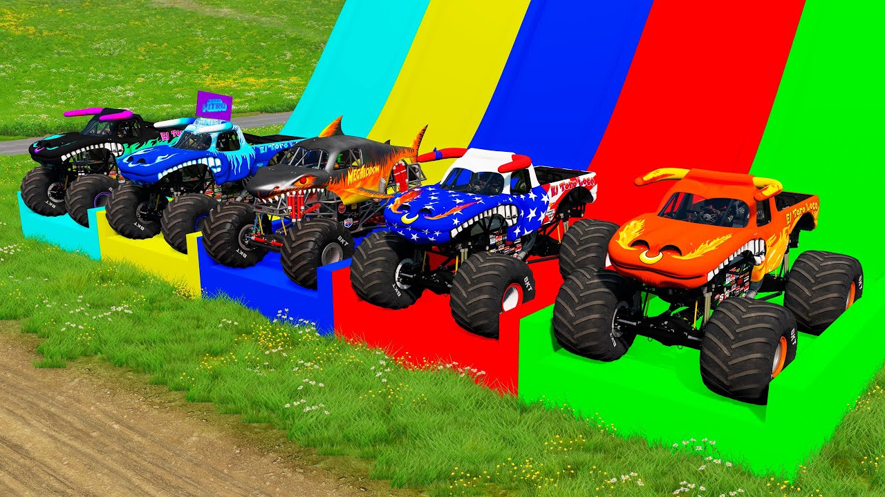 Двухплатформенный прицеп Monster Trucks с цветным слайдером — Тачки против лежачего полицейского ...