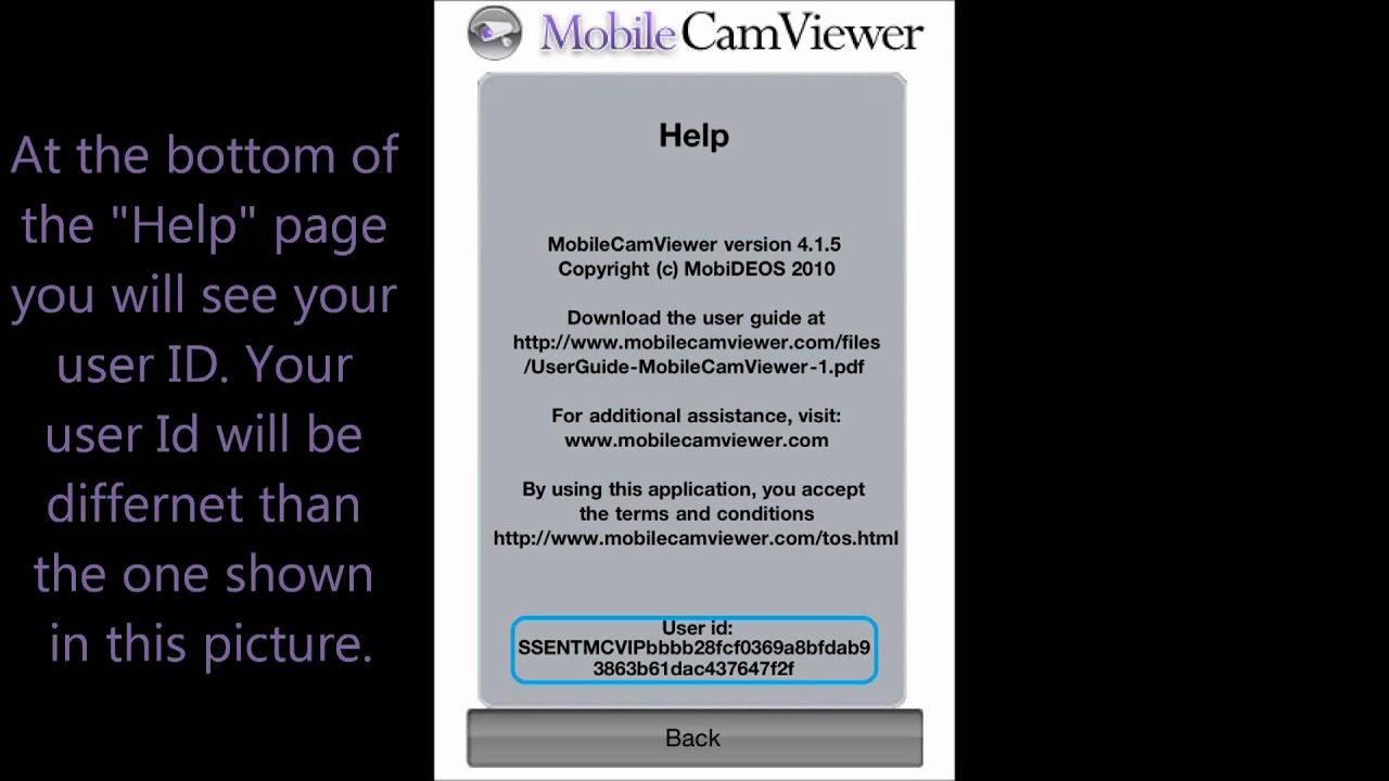 Mobile Cam Viewer Getting Your User ID on iPhone