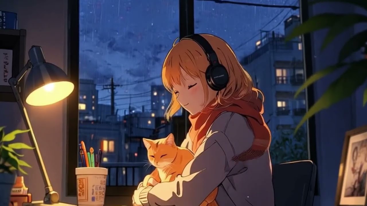 Cozy Rain Night - 1 Hour 🌧️Relaxing Rain Sounds | Girl & Cat by the Window | Sleep, Study, Relax