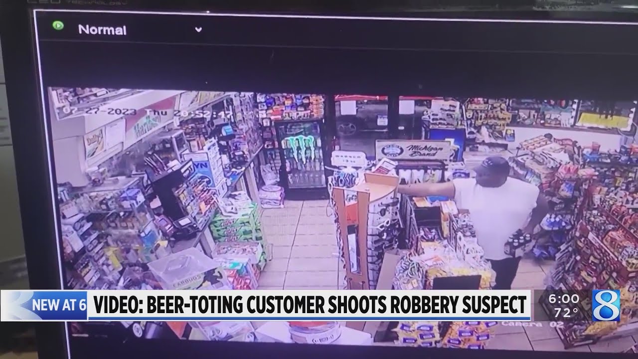 Video: Beer-toting customer shot at robbery suspect 7 times