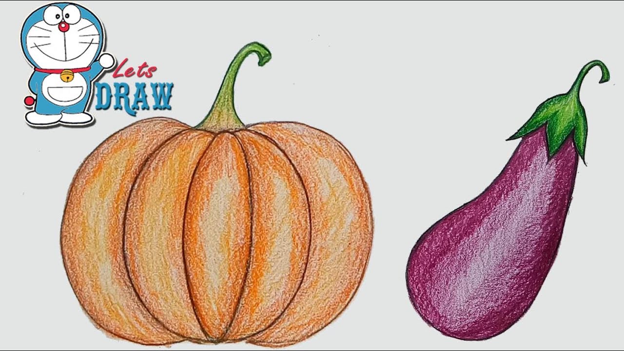 How to draw realistic vegetables / pumpkin & Brinjal step by step