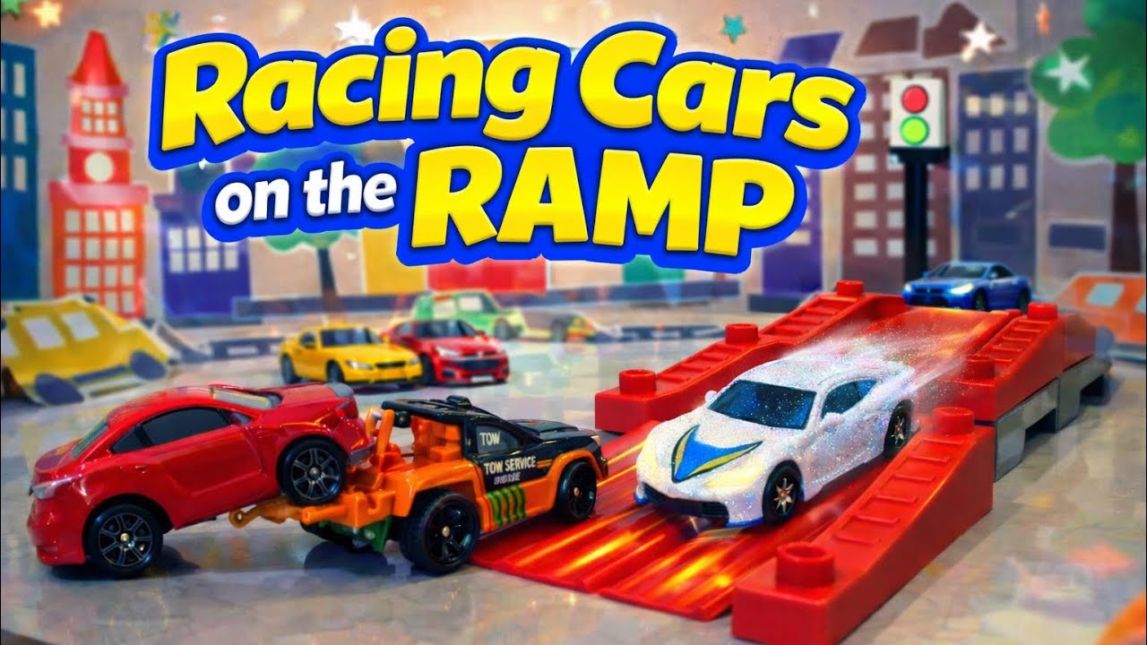  Racing Cars on the Ramp & Tow Truck Play. Toy cars play. 