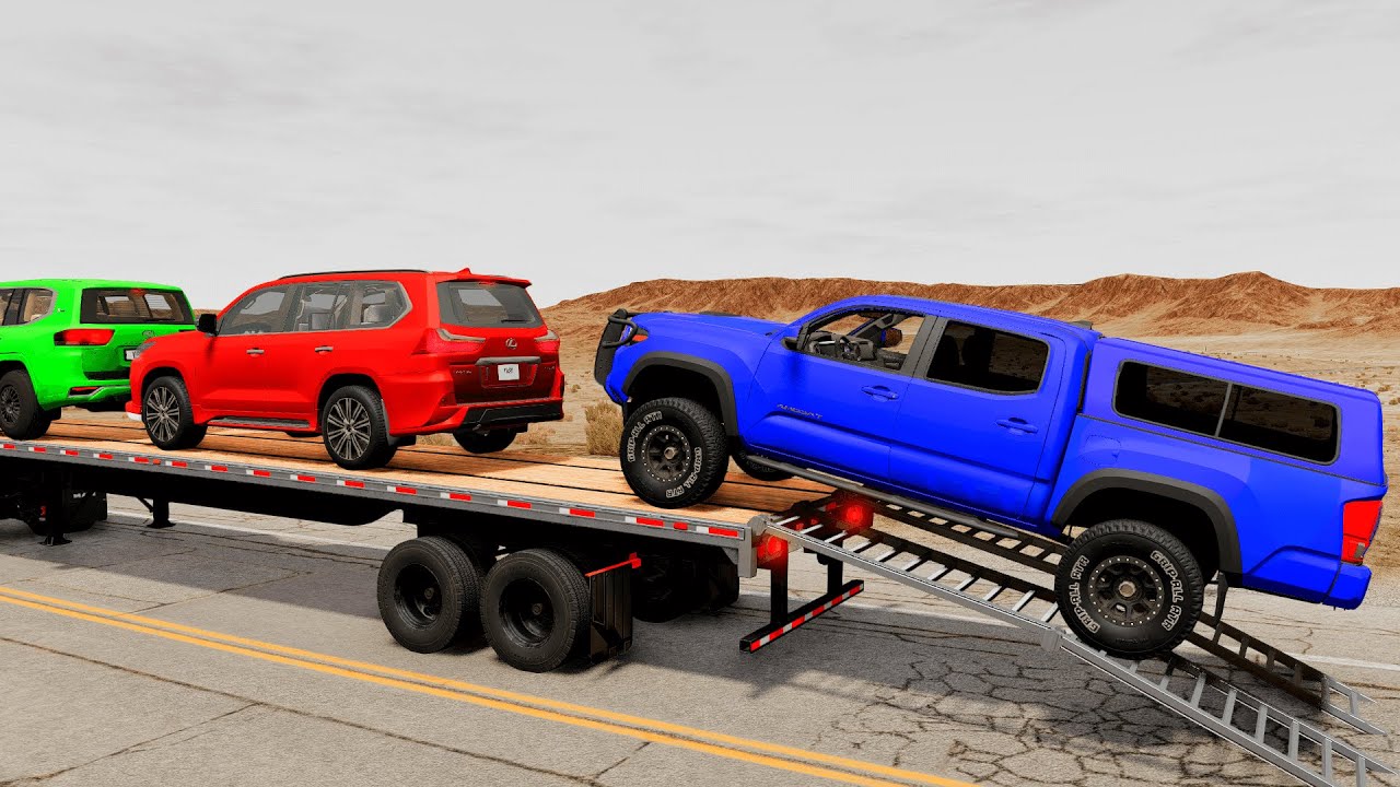 Double Flatbed Truck Mcqueen | Transportation with Truck - Pothole vs Car #8 - BeamNG.drive