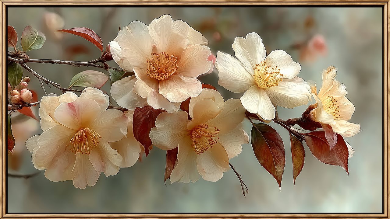 Vintage Winter Floral Art | Soft Ivory Camellia Branch Frame TV Display | Calm Ambience 4K