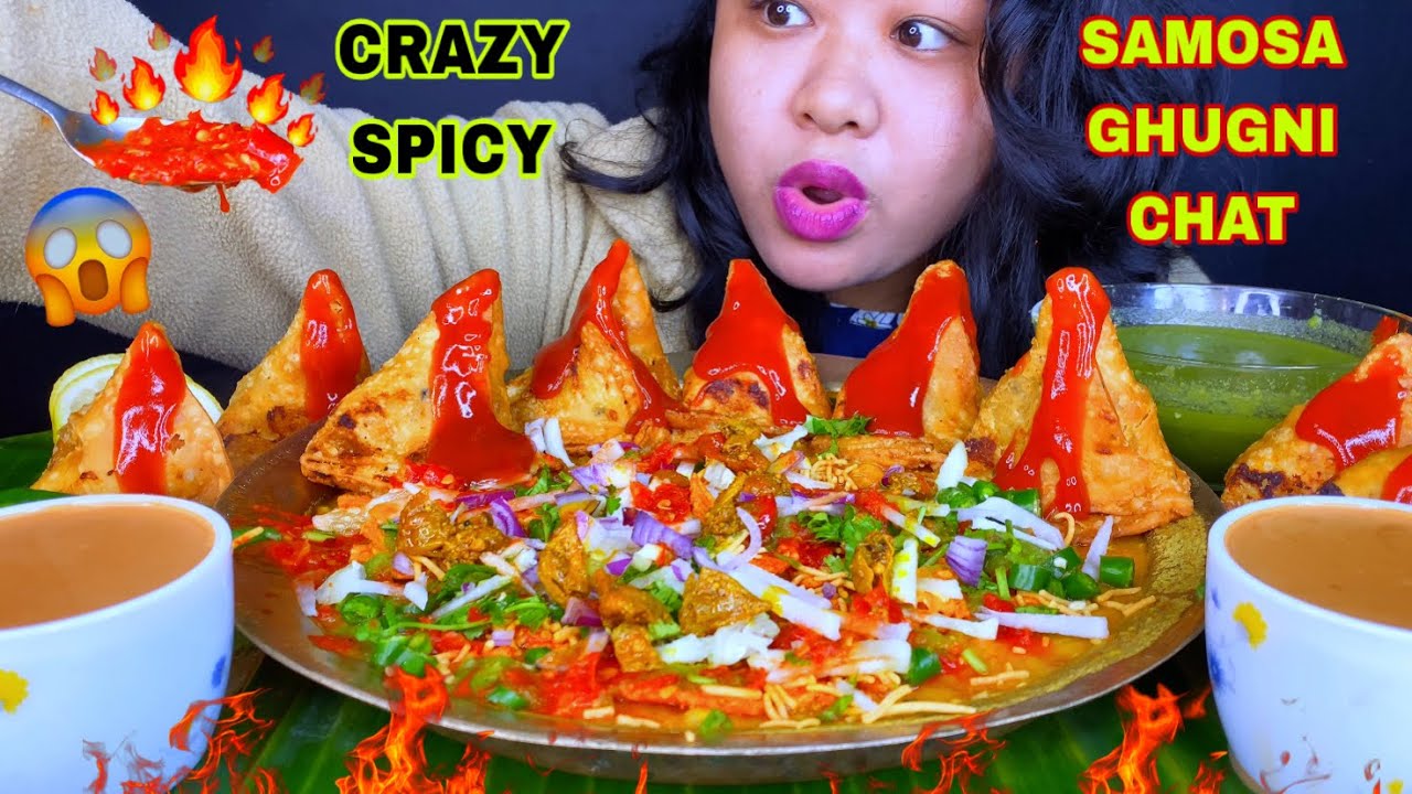 EATING VERY SPICY GHUGNI & SAMOSA CHAT CHALLENGE🔥SPICY SAMOSA EATING CHALLENGE MUKBANG ASMR