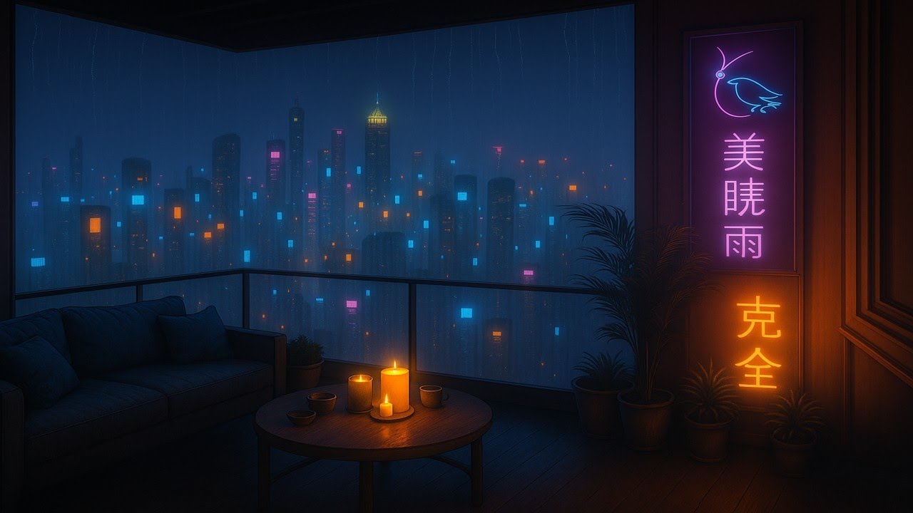 Cyberpunk Rain Sounds for Sleeping – 8 Hours of Rain on Window & Distant Thunder in a Neon City Loft