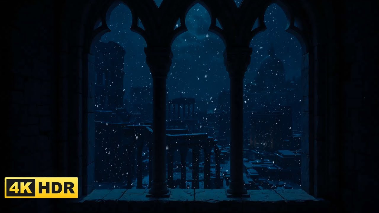 4K❄️ Medieval Castle Window View 🌨️ Peaceful Winter Ambience for Mindfulness & Relaxation (No Ads)