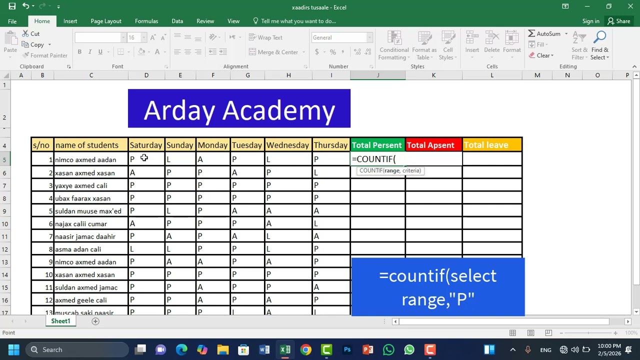 Barashada Excel ( xaadiris)