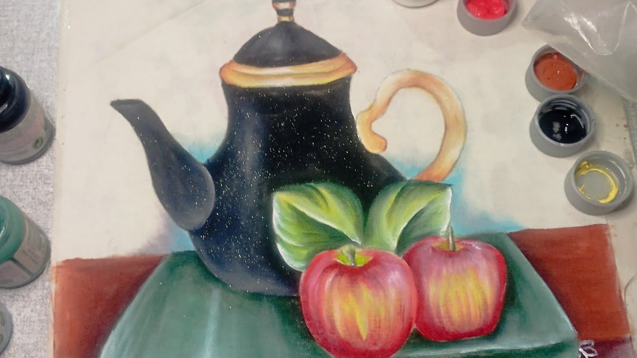 Como pintar bule e maçãs 