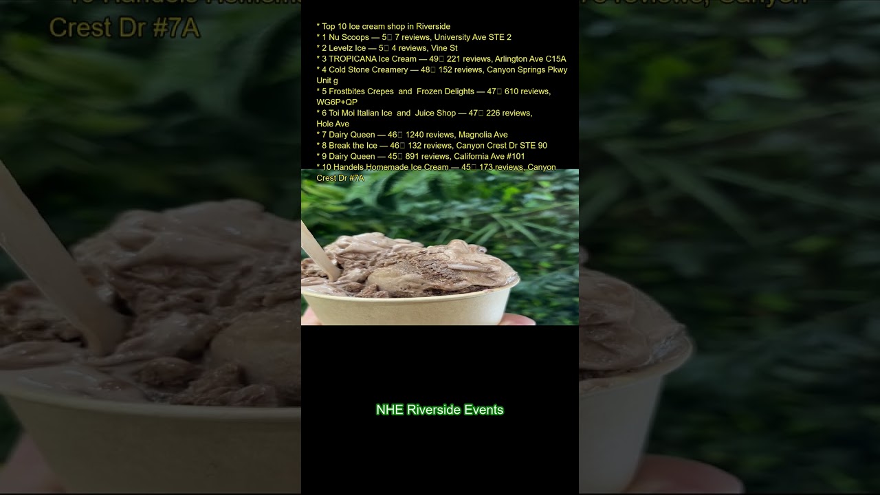 Top 10 Ice cream shop in Riverside: 1. Nu Scoops — 5★ (7 reviews), University Ave STE 2 2. Levelz