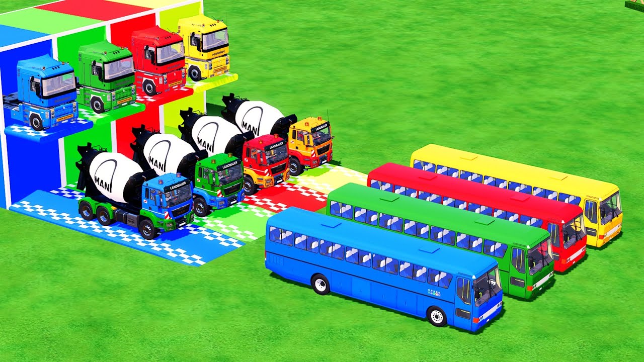 Transporting by Colors - ALL MIXER TRUCK WITH DOUBLE FLATBED TRAILER MERCEDES MAN CAT FS22 #7